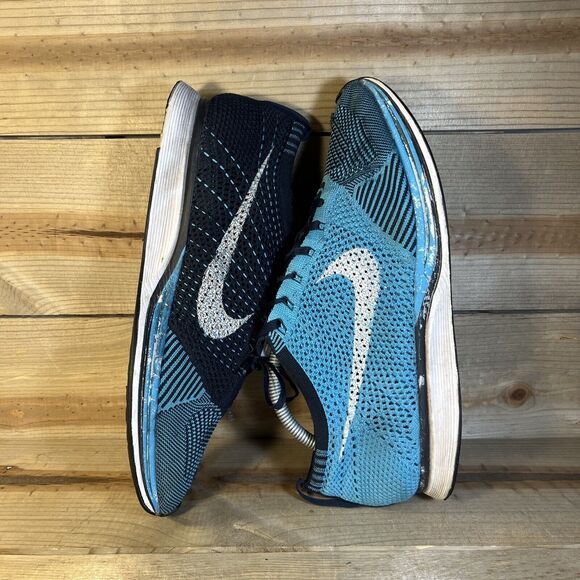 Men’s 11.5 Nike Flyknit Racer Chlorine Blue Dark Obsidian White Shoes 526628-414 - Picture 7 of 16